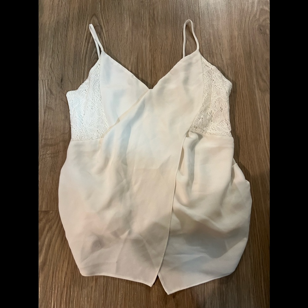 Bailey44 Spaghetti Asymmetrical White Jersey + Lace Tank Top